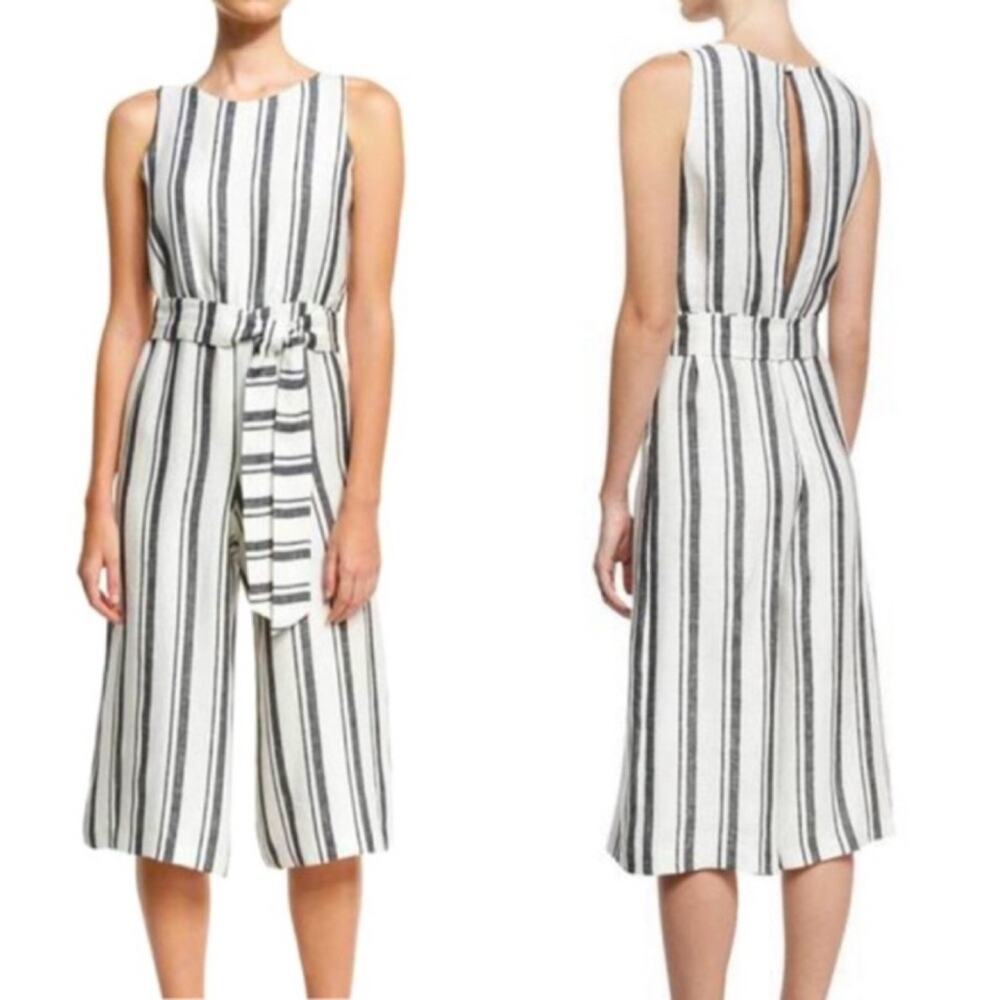 Alice + Olivia Franny Linen Gaucho Striped Jumpsuit 0 XS Belted European Summer
